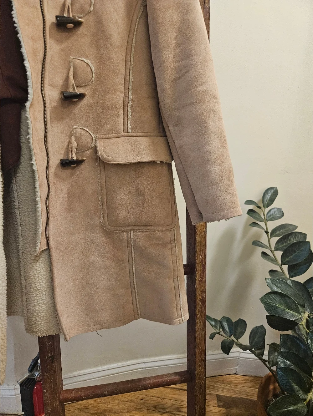 GAP Tan Shearling-Trim Toggle Trench Coat - Picture 3 of 6